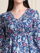 Indigo Blue Floral Buttoned Pure Cotton Tops