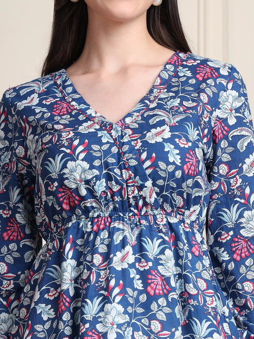 Indigo Blue Floral Buttoned Pure Cotton Tops