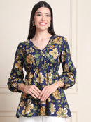 Navy Blue Blue Floral Buttoned Pure Cotton Tops