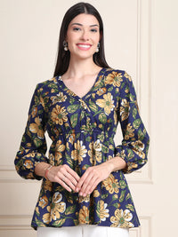 Navy Blue Blue Floral Buttoned Pure Cotton Tops