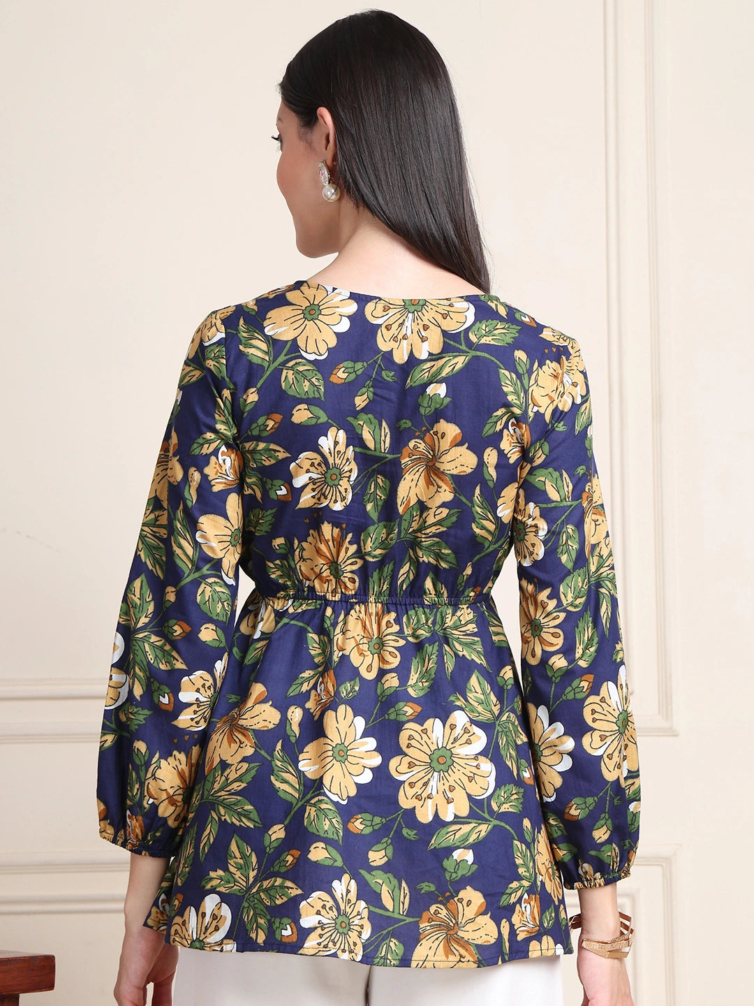Navy Blue Blue Floral Buttoned Pure Cotton Tops