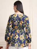 Navy Blue Blue Floral Buttoned Pure Cotton Tops