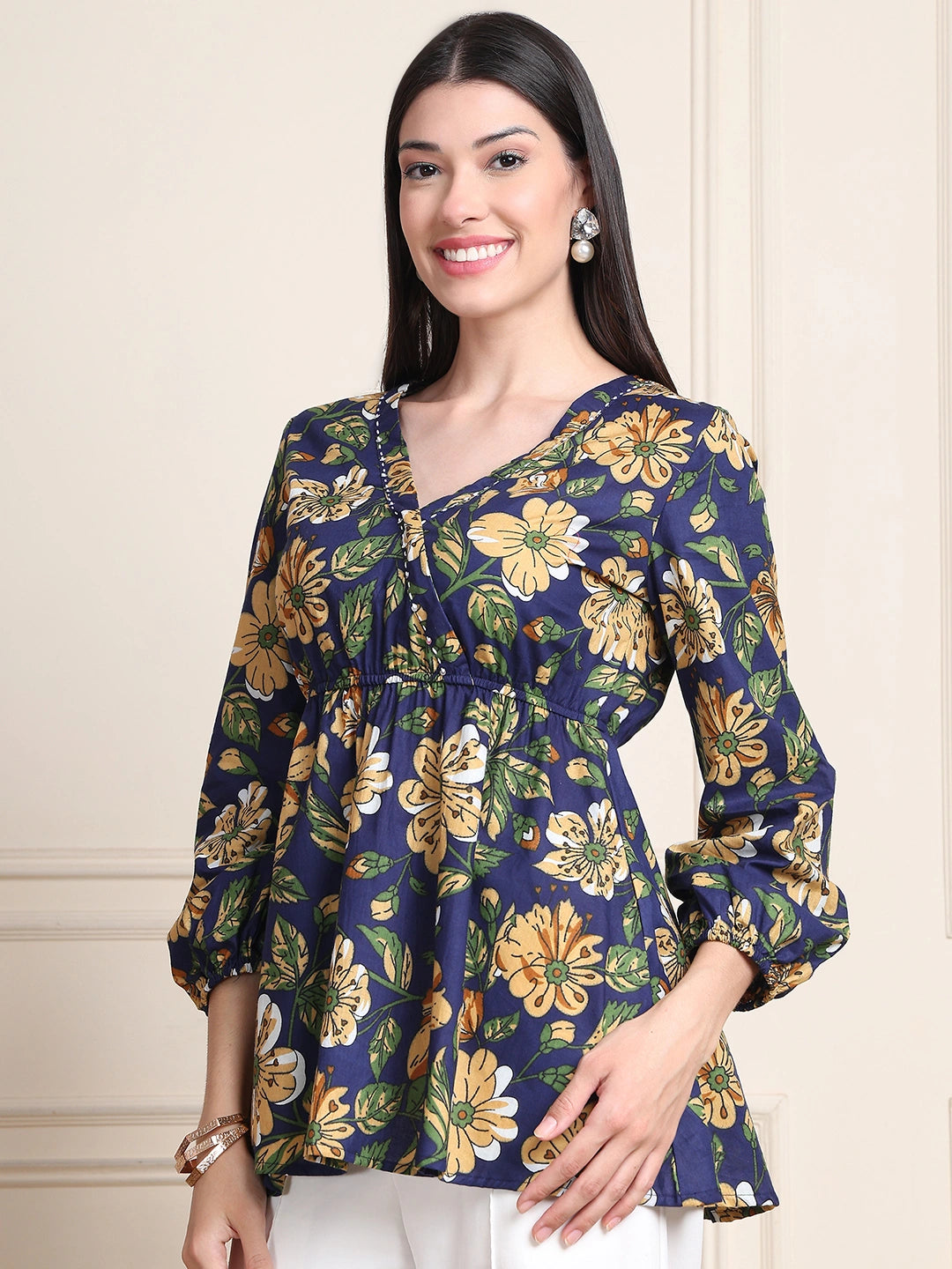 Navy Blue Blue Floral Buttoned Pure Cotton Tops