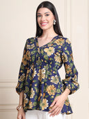 Navy Blue Blue Floral Buttoned Pure Cotton Tops