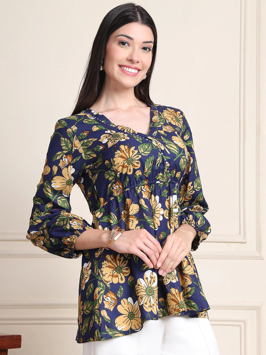 Navy Blue Blue Floral Buttoned Pure Cotton Tops