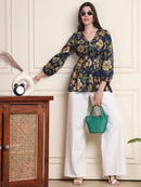 Navy Blue Blue Floral Buttoned Pure Cotton Tops