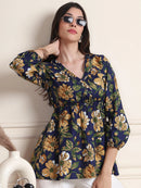 Navy Blue Blue Floral Buttoned Pure Cotton Tops