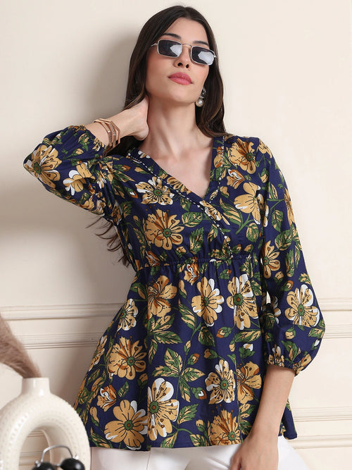 Navy Blue Blue Floral Buttoned Pure Cotton Tops