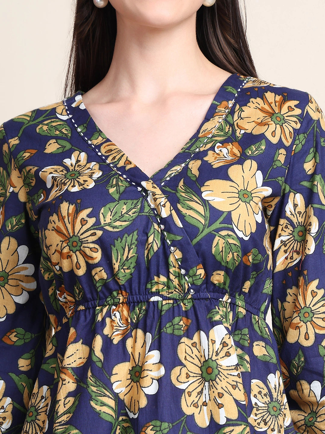 Navy Blue Blue Floral Buttoned Pure Cotton Tops