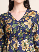 Navy Blue Blue Floral Buttoned Pure Cotton Tops