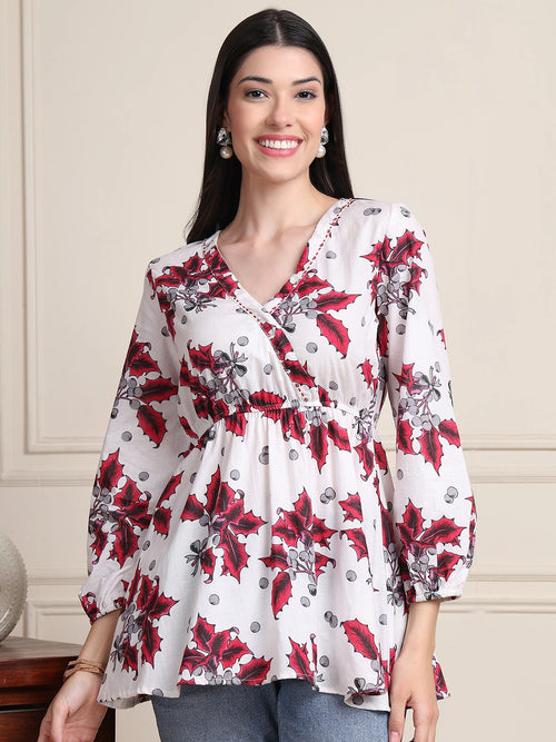 White Thread & Sequence Work Floral  Pure Cotton Tops