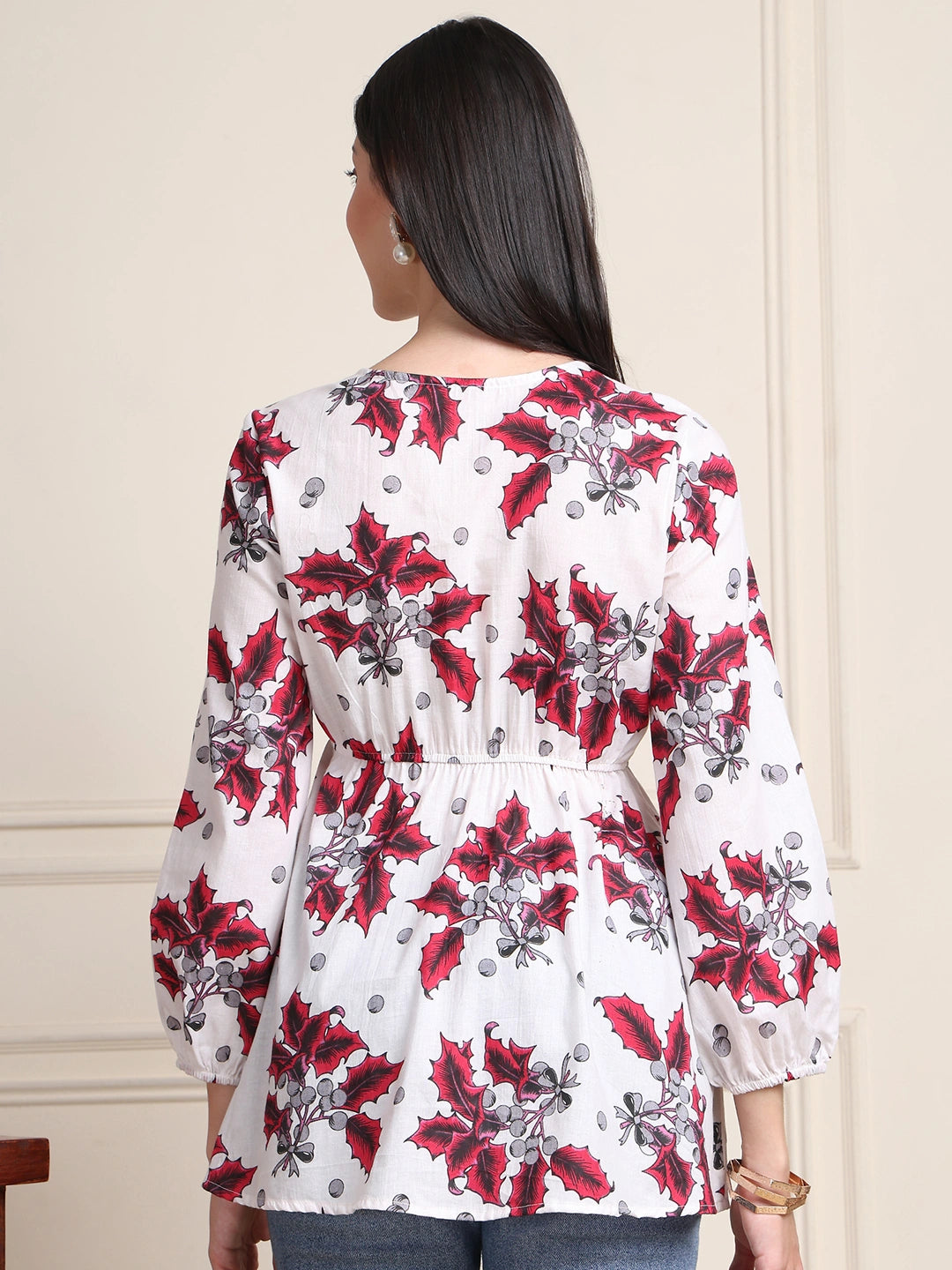 White Thread & Sequence Work Floral  Pure Cotton Tops
