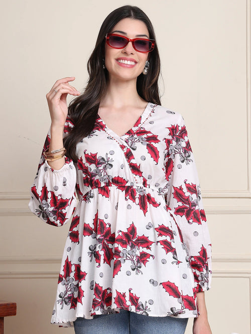 White Thread & Sequence Work Floral  Pure Cotton Tops