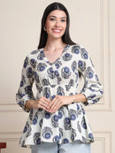 Off White Thread & Sequence Work Floral  Pure Cotton Tops