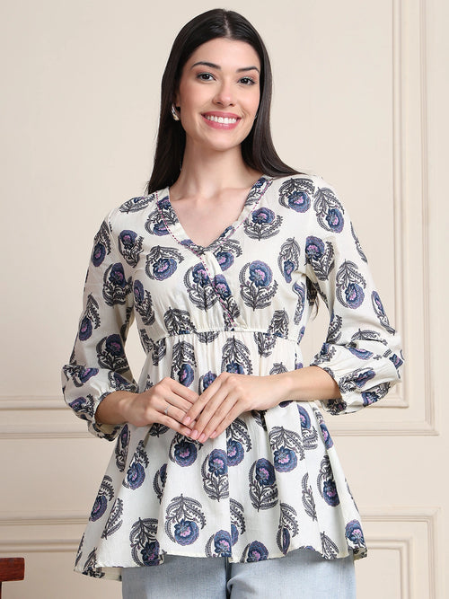 Off White Thread & Sequence Work Floral  Pure Cotton Tops