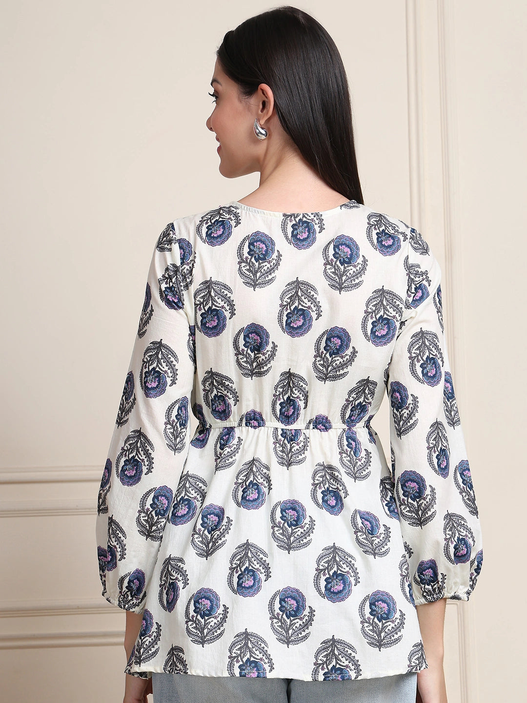 Off White Thread & Sequence Work Floral  Pure Cotton Tops
