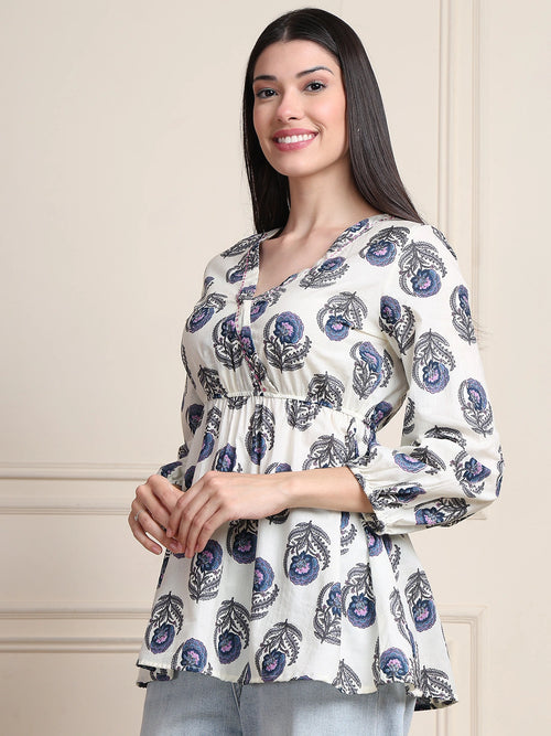 Off White Thread & Sequence Work Floral  Pure Cotton Tops