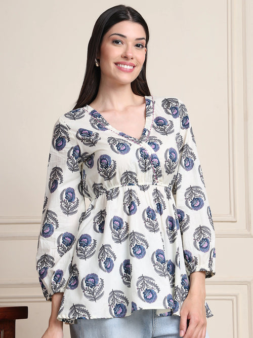 Off White Thread & Sequence Work Floral  Pure Cotton Tops