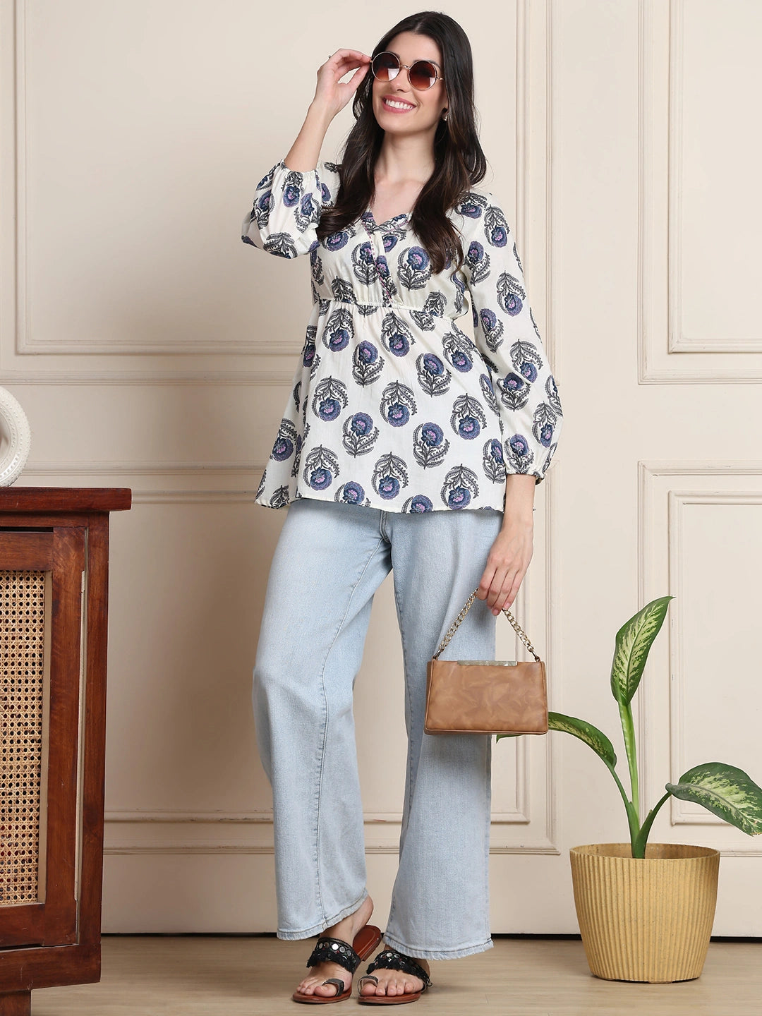Off White Thread & Sequence Work Floral  Pure Cotton Tops