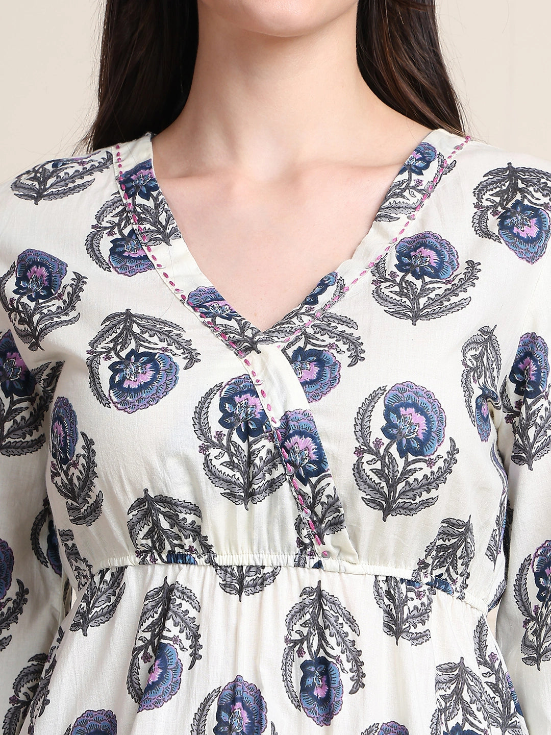 Off White Thread & Sequence Work Floral  Pure Cotton Tops