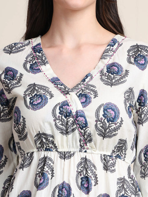 Off White Thread & Sequence Work Floral  Pure Cotton Tops