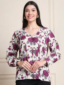 Purple Floral V-Neck Shirt Style Pure Cotton Top