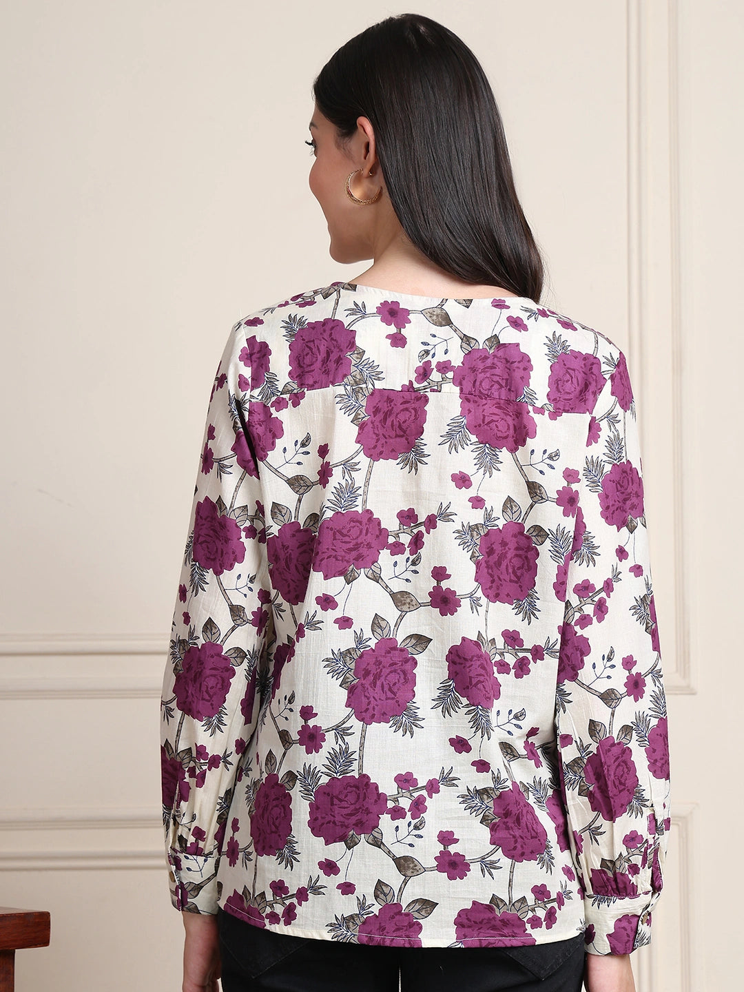 Purple Floral V-Neck Shirt Style Pure Cotton Top