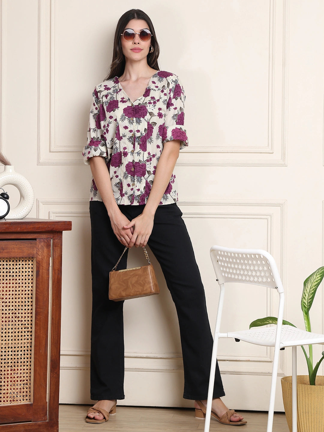 Purple Floral V-Neck Shirt Style Pure Cotton Top