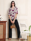 Purple Floral V-Neck Shirt Style Pure Cotton Top