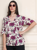 Purple Floral V-Neck Shirt Style Pure Cotton Top