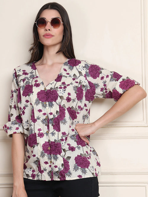 Purple Floral V-Neck Shirt Style Pure Cotton Top