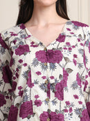 Purple Floral V-Neck Shirt Style Pure Cotton Top