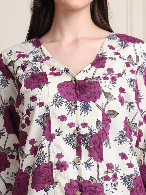 Purple Floral V-Neck Shirt Style Pure Cotton Top