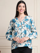 Teal Floral V-Neck Shirt Style Pure Cotton Top