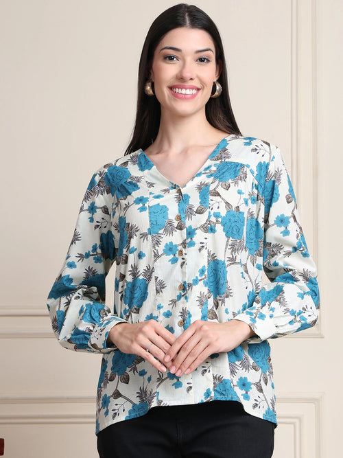 Teal Floral V-Neck Shirt Style Pure Cotton Top