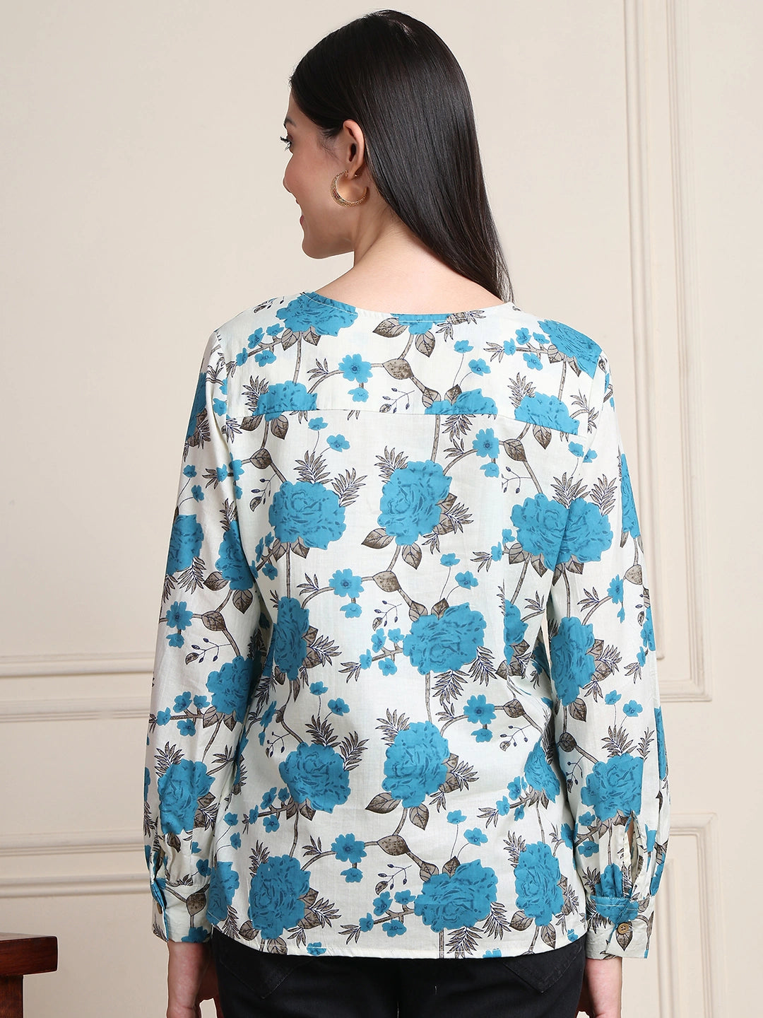 Teal Floral V-Neck Shirt Style Pure Cotton Top