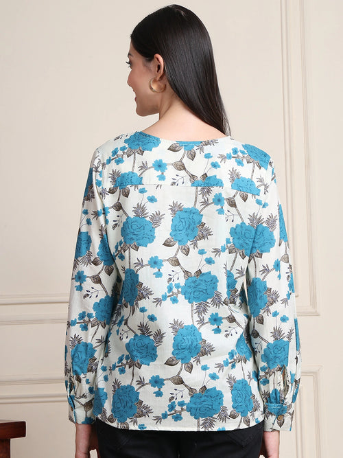 Teal Floral V-Neck Shirt Style Pure Cotton Top