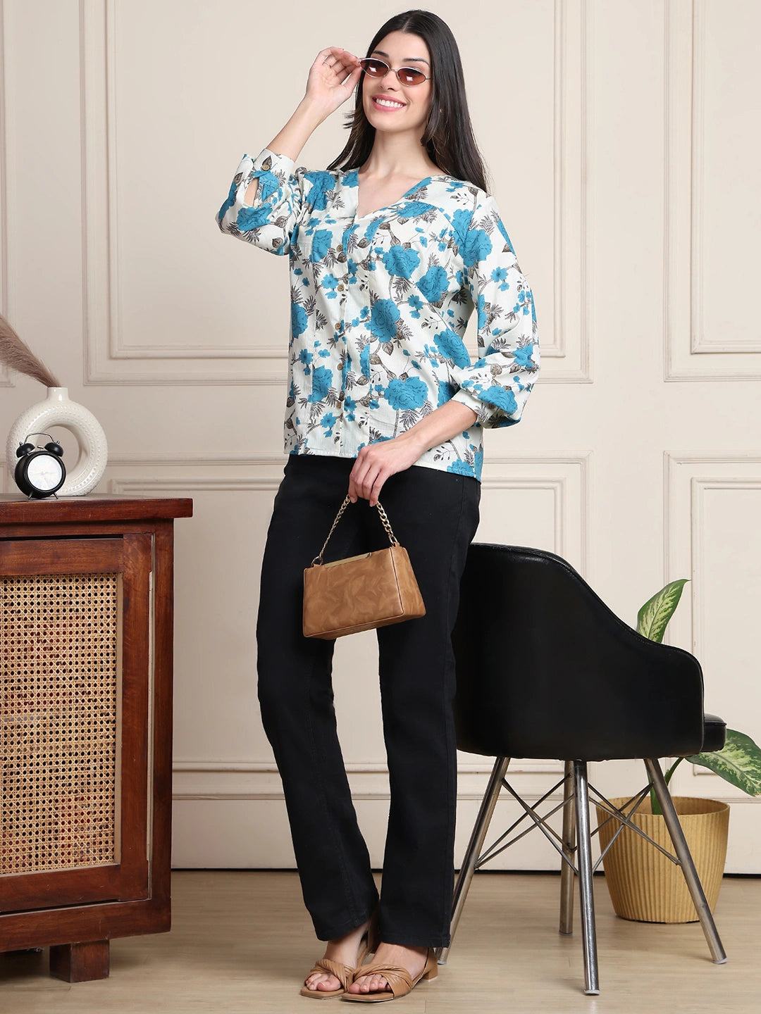 Teal Floral V-Neck Shirt Style Pure Cotton Top