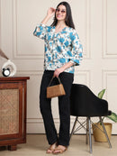 Teal Floral V-Neck Shirt Style Pure Cotton Top
