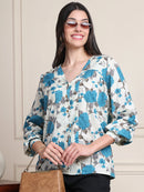 Teal Floral V-Neck Shirt Style Pure Cotton Top