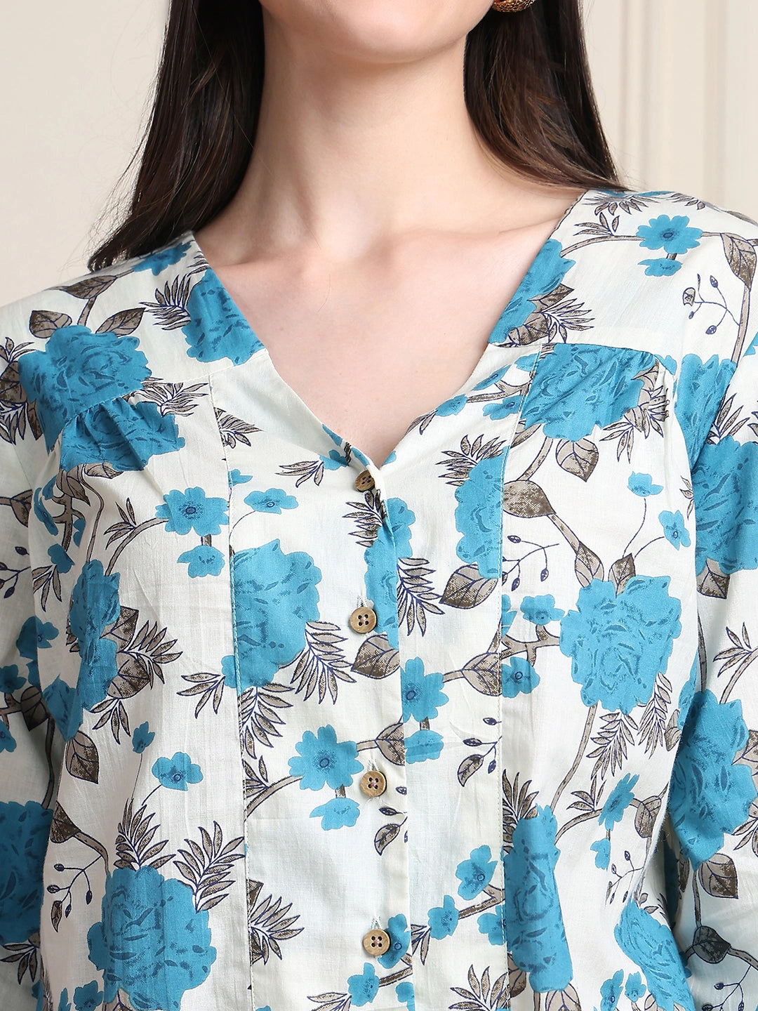 Teal Floral V-Neck Shirt Style Pure Cotton Top