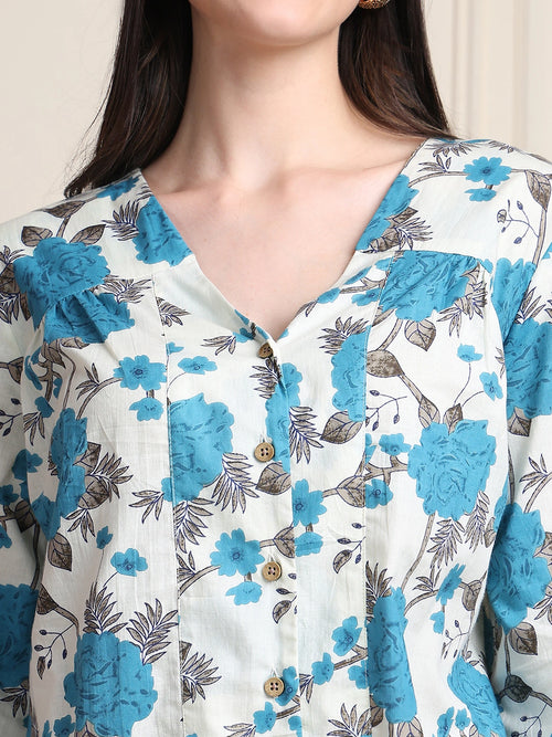 Teal Floral V-Neck Shirt Style Pure Cotton Top