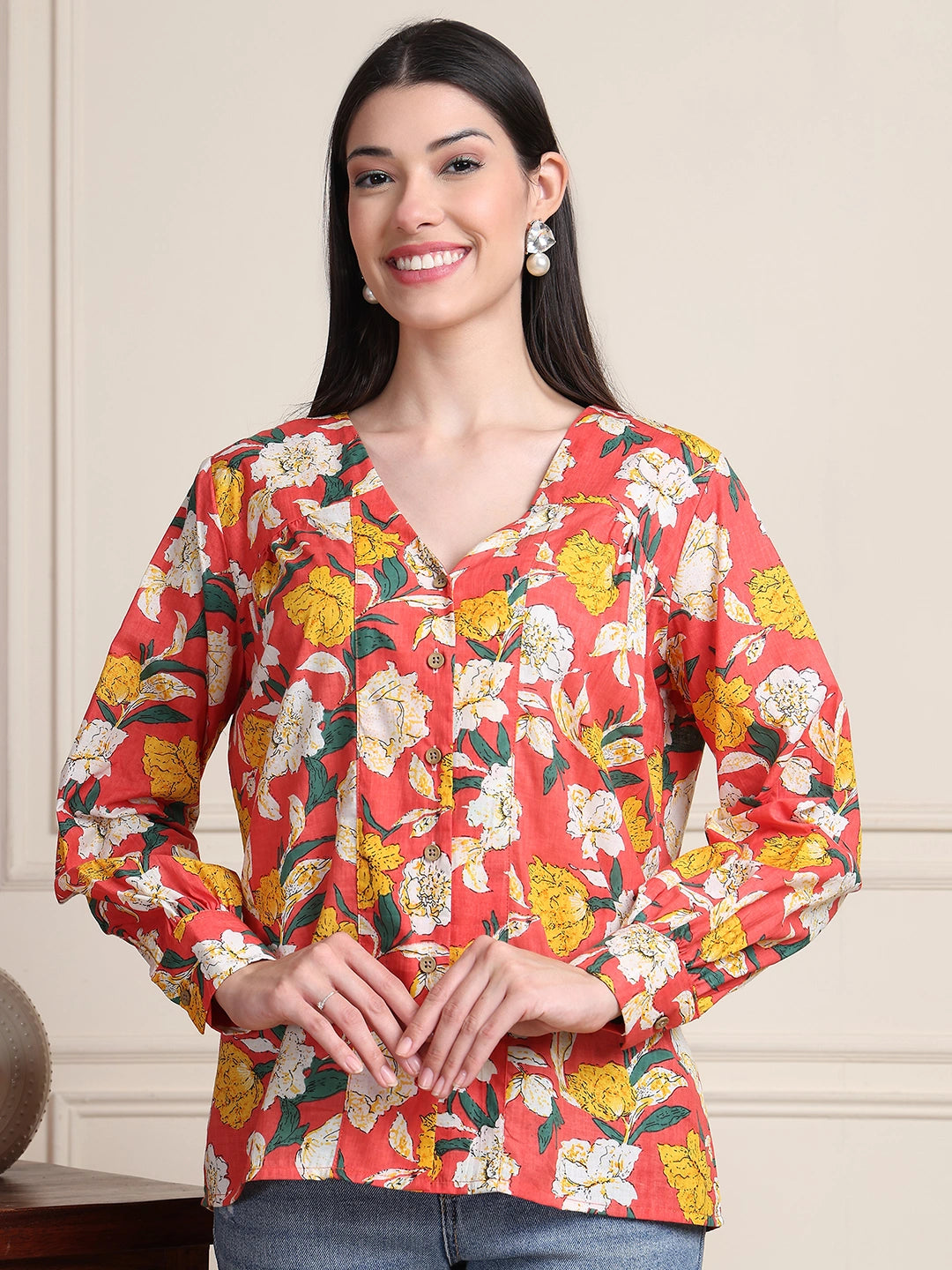 Coral Red Floral V-Neck Shirt Style Pure Cotton Top