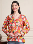 Coral Red Floral V-Neck Shirt Style Pure Cotton Top