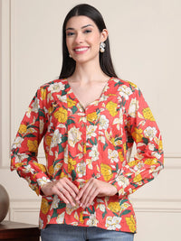 Coral Red Floral V-Neck Shirt Style Pure Cotton Top