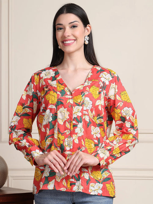 Coral Red Floral V-Neck Shirt Style Pure Cotton Top