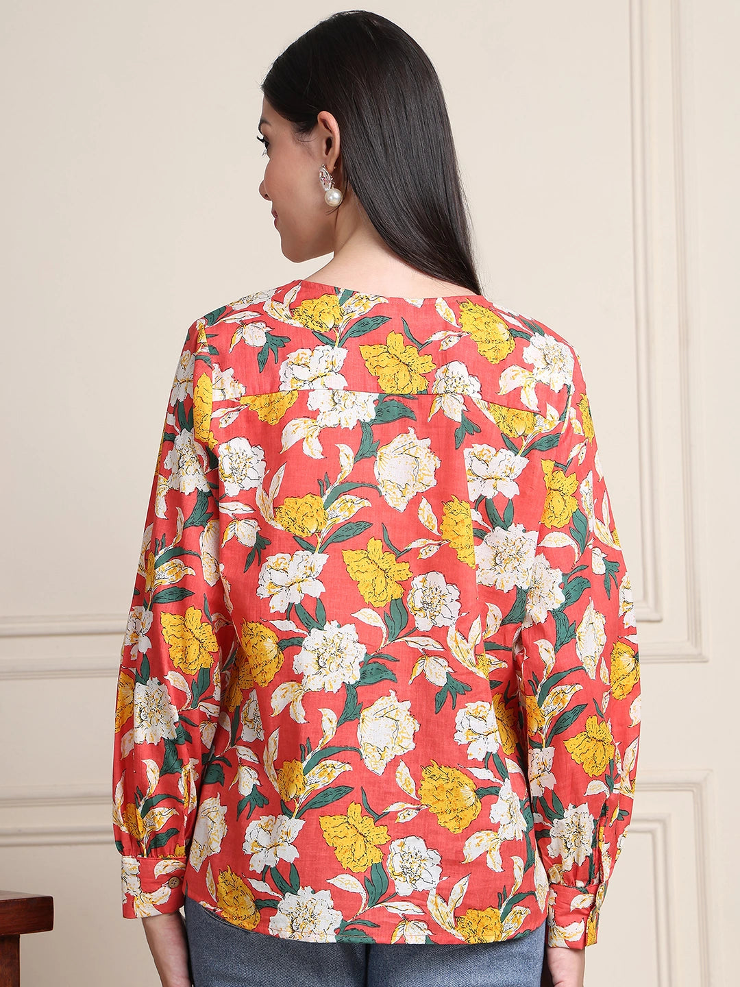 Coral Red Floral V-Neck Shirt Style Pure Cotton Top