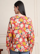 Coral Red Floral V-Neck Shirt Style Pure Cotton Top