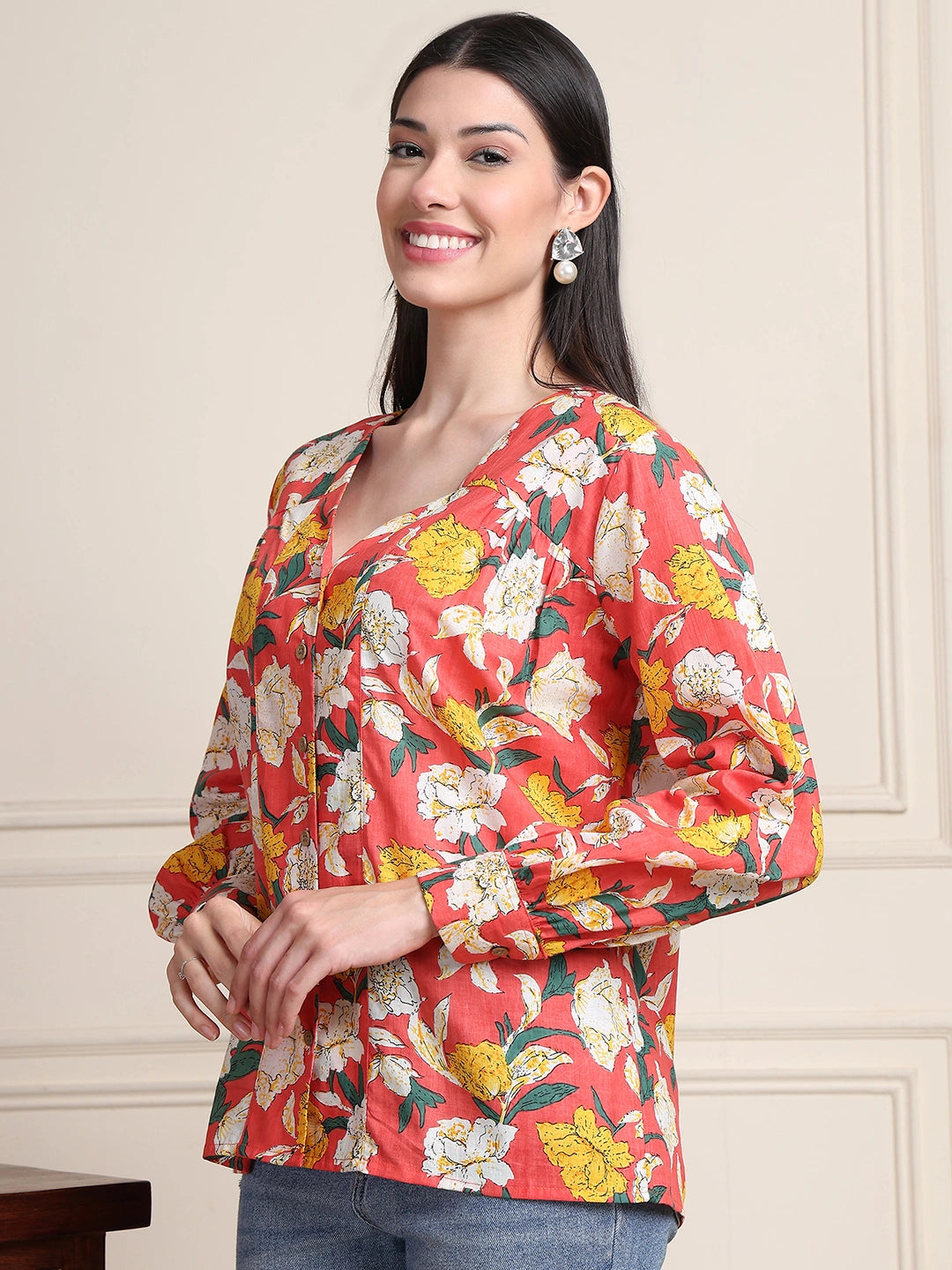Coral Red Floral V-Neck Shirt Style Pure Cotton Top
