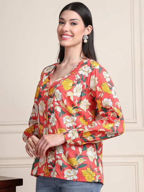 Coral Red Floral V-Neck Shirt Style Pure Cotton Top